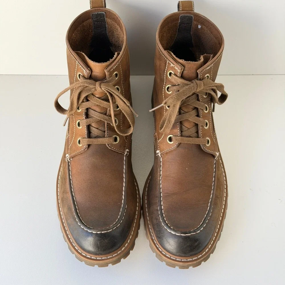 John Varvatos Work Boots Mens 9 Brown Leather Lug Sole Burnished Moc Toe